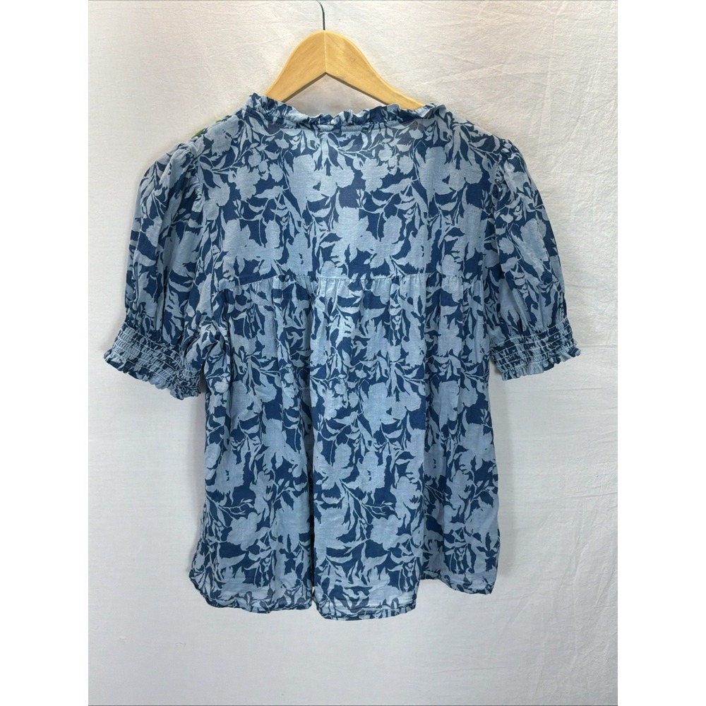 THML Embroidered V Neck Puff Sleeve Blouse Blue Floral Boho Lagenlook Size L - Picture 3 of 8